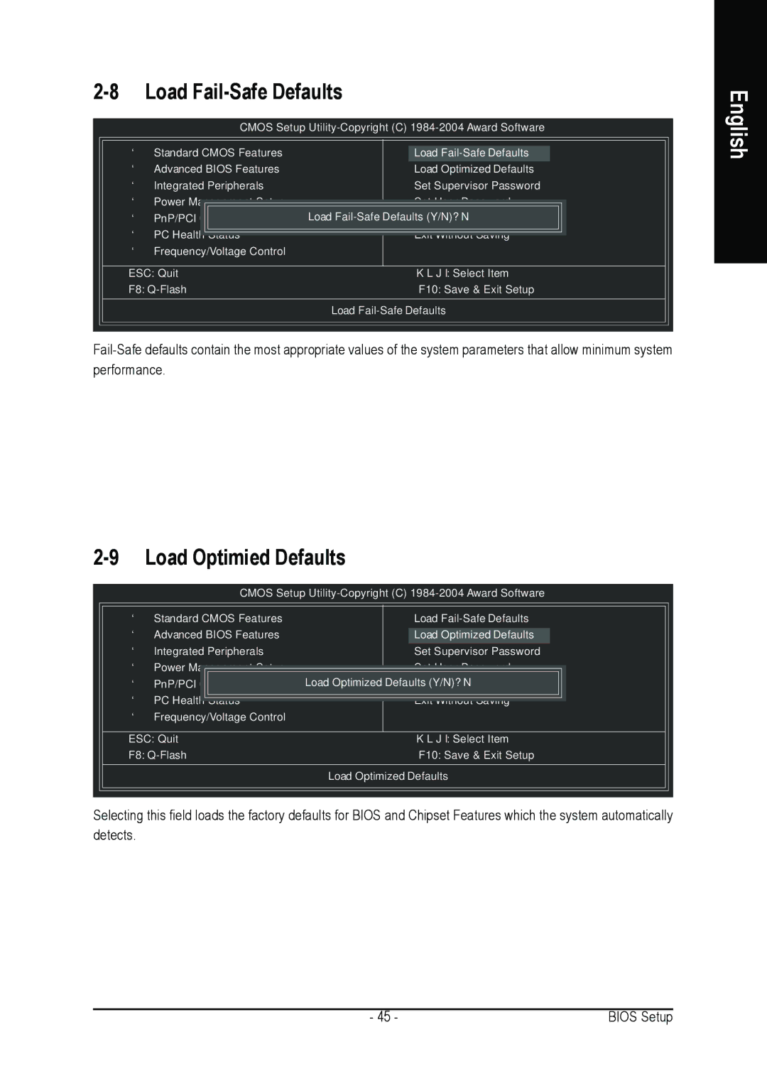 Intel GA-8IPE1000 user manual Load Fail-Safe Defaults, Load Optimized Defaults 