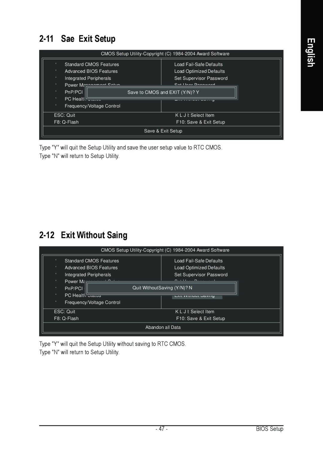 Intel GA-8IPE1000 user manual Save & Exit Setup, Exit Without Saving 