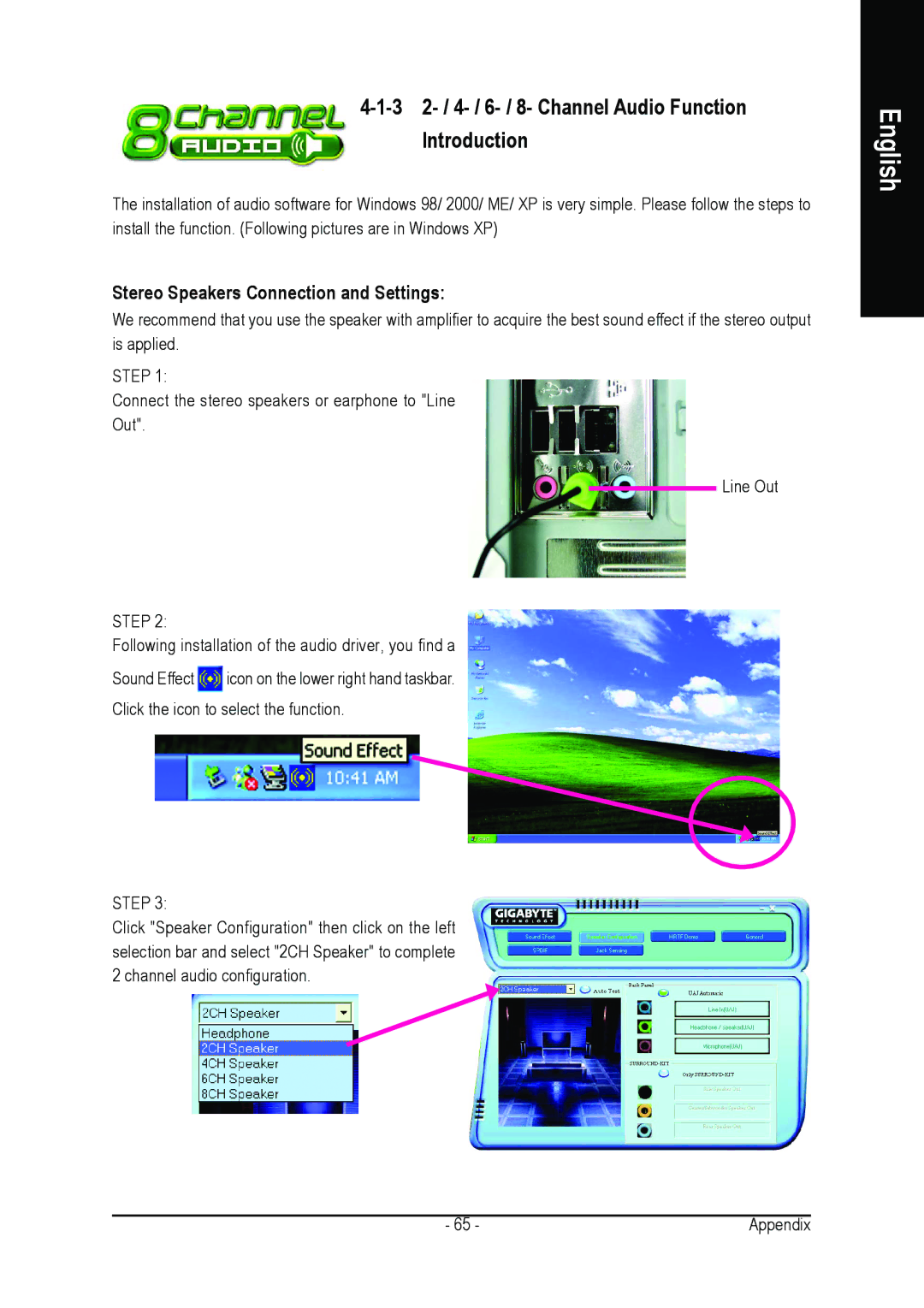 Intel GA-8IPE1000 3 2- / 4- / 6- / 8- Channel Audio Function Introduction, Stereo Speakers Connection and Settings 