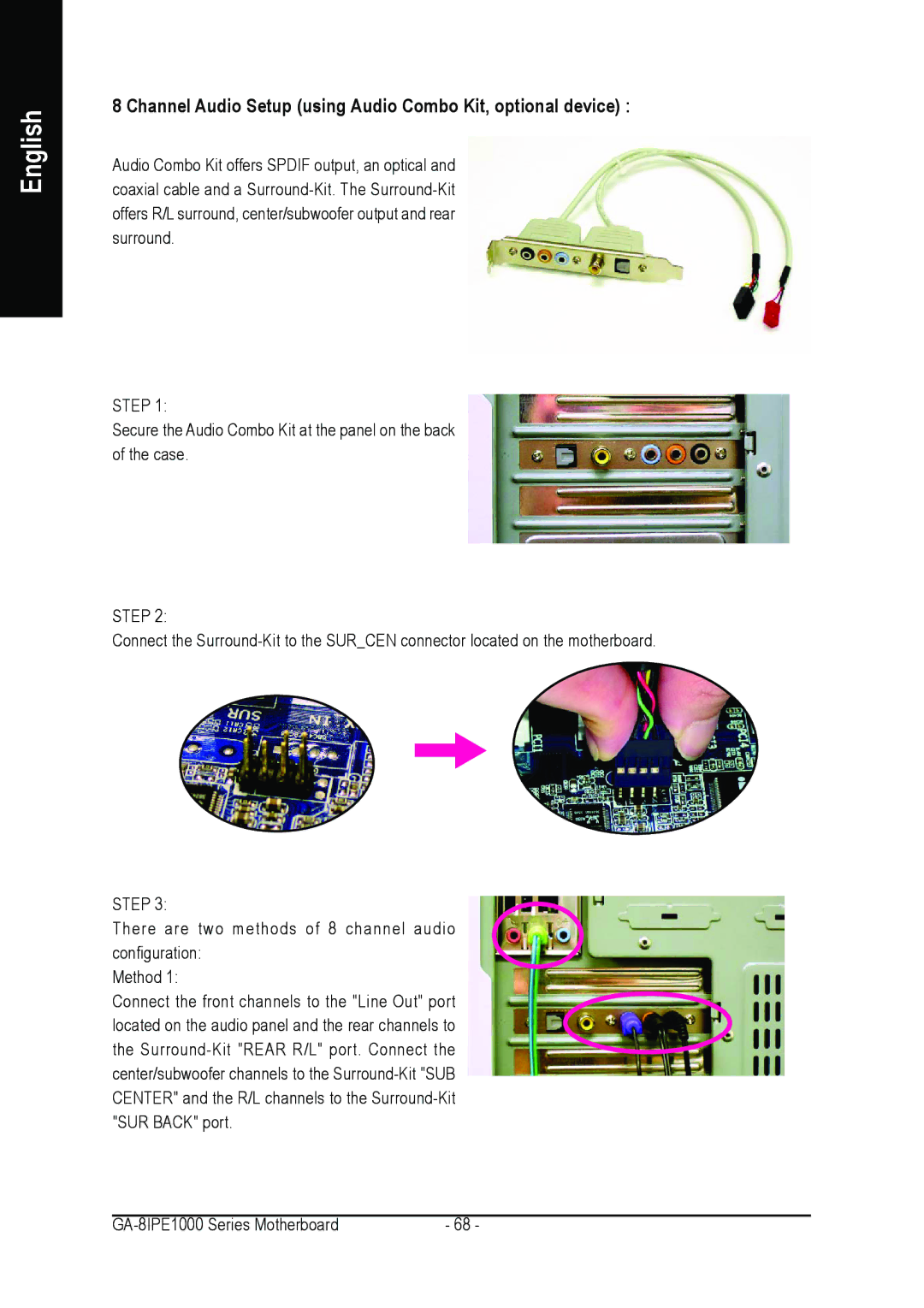 Intel GA-8IPE1000 user manual Channel Audio Setup using Audio Combo Kit, optional device 