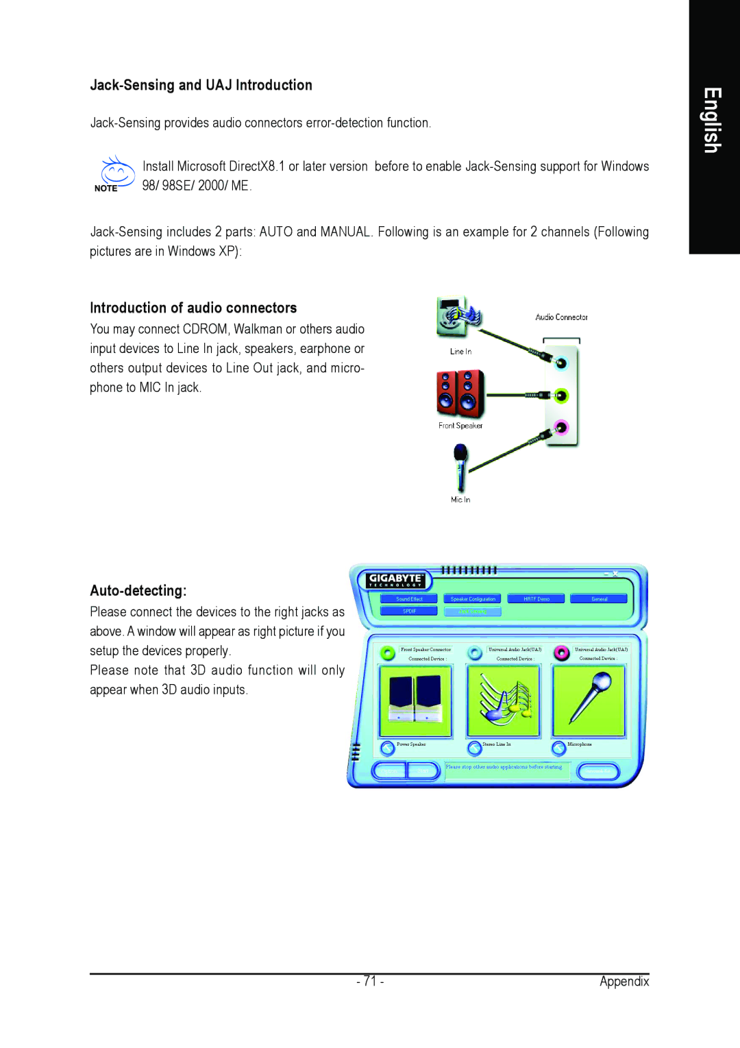 Intel GA-8IPE1000 user manual Jack-Sensing and UAJ Introduction, Introduction of audio connectors, Auto-detecting 