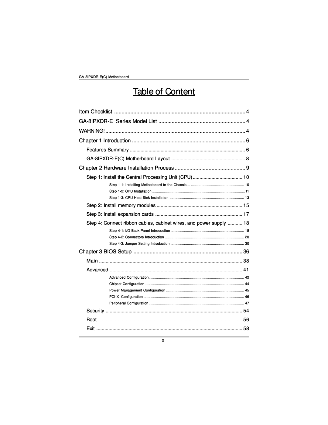 Intel GA-8IPXDR-E user manual Table of Content 