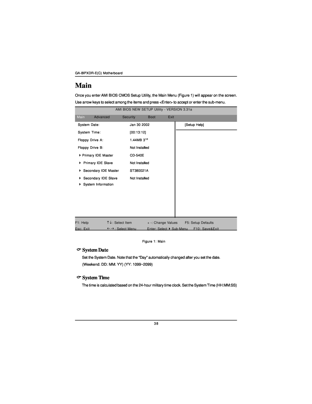 Intel GA-8IPXDR-E user manual Main, System Date, System Time 