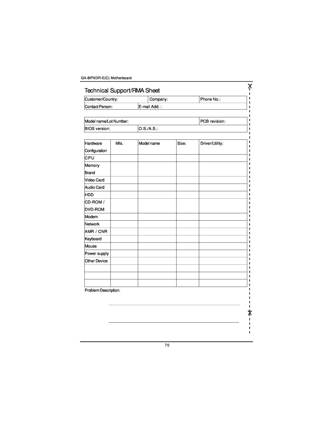 Intel GA-8IPXDR-E user manual Technical Support/RMA Sheet, Contact Person, Power supply, Other Device 