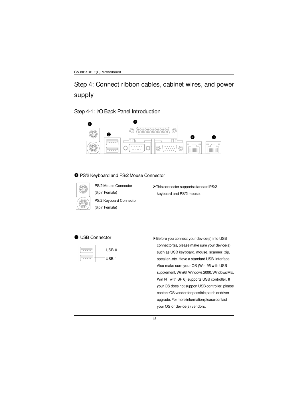 Intel GA-8IPXDR-E user manual I/O Back Panel Introduction, PS/2 Keyboard and PS/2 Mouse Connector, USB Connector 