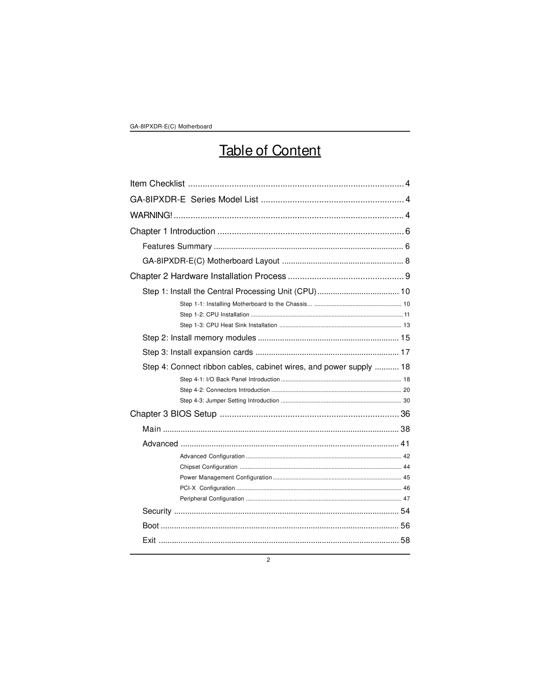 Intel GA-8IPXDR-E user manual Table of Content 