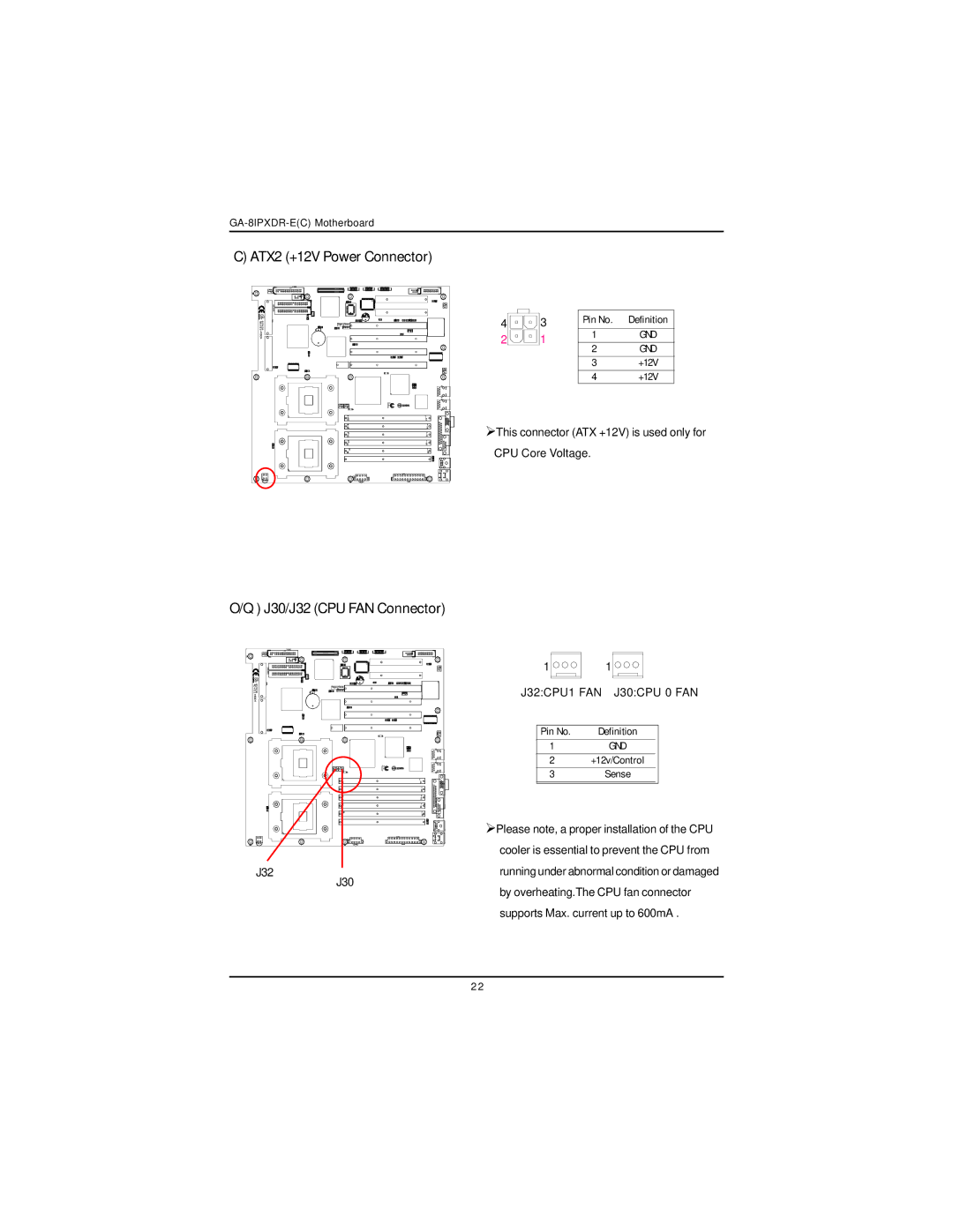 Intel GA-8IPXDR-E user manual ATX2 +12V Power Connector, J30/J32 CPU FAN Connector 