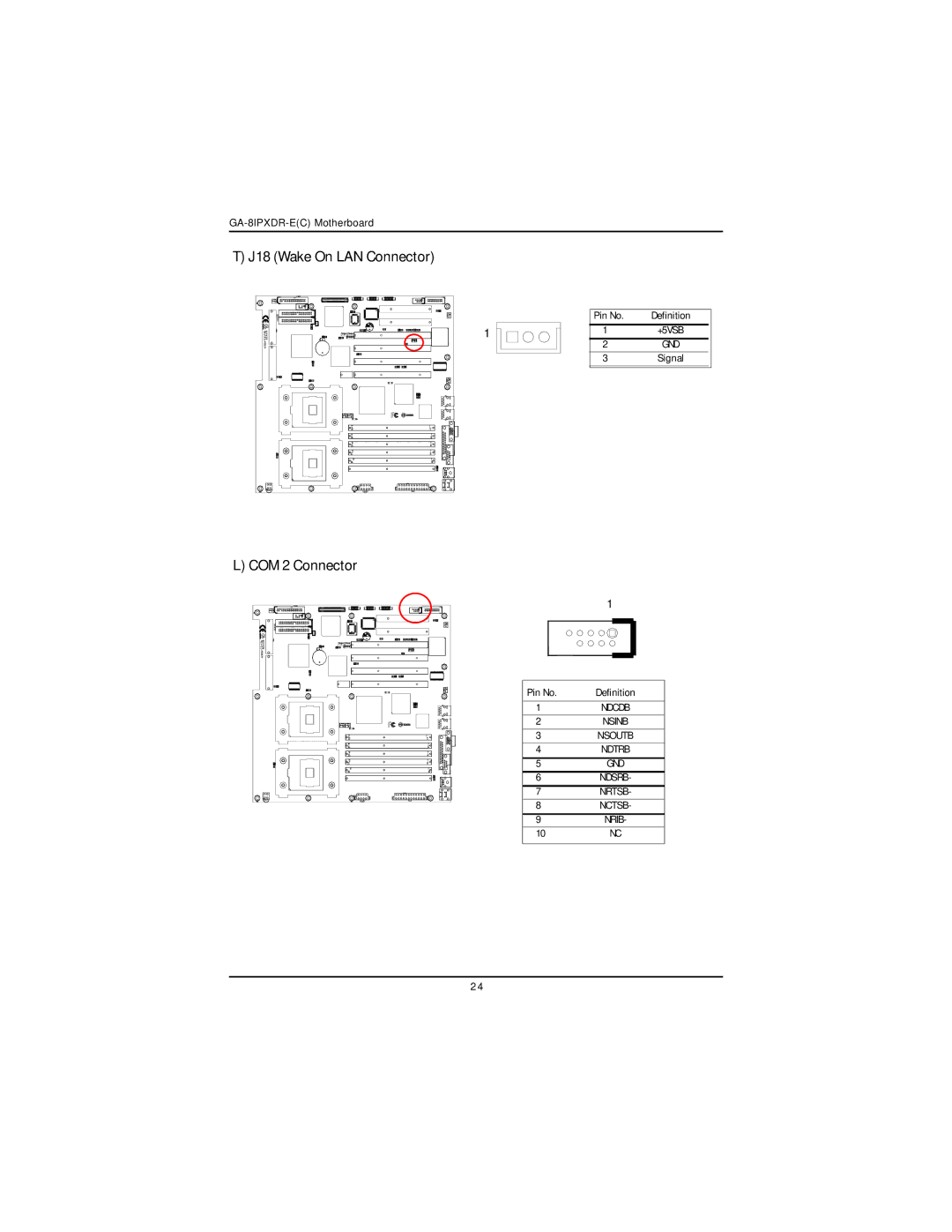 Intel GA-8IPXDR-E user manual J18 Wake On LAN Connector, COM 2 Connector 