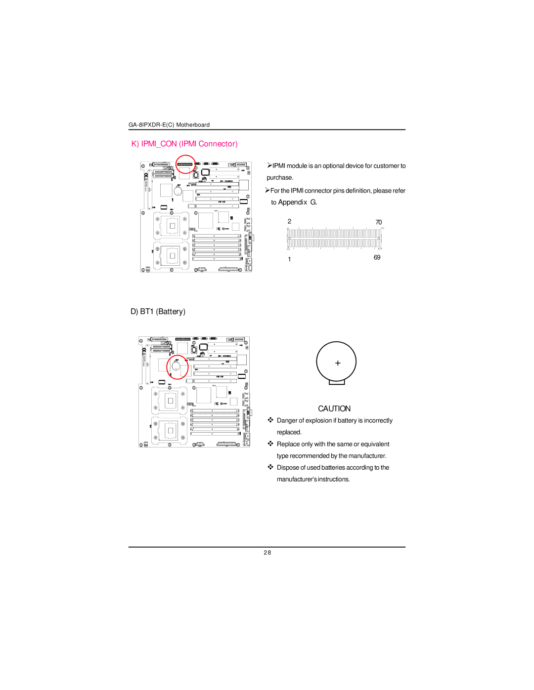 Intel GA-8IPXDR-E user manual Ipmicon Ipmi Connector, BT1 Battery 