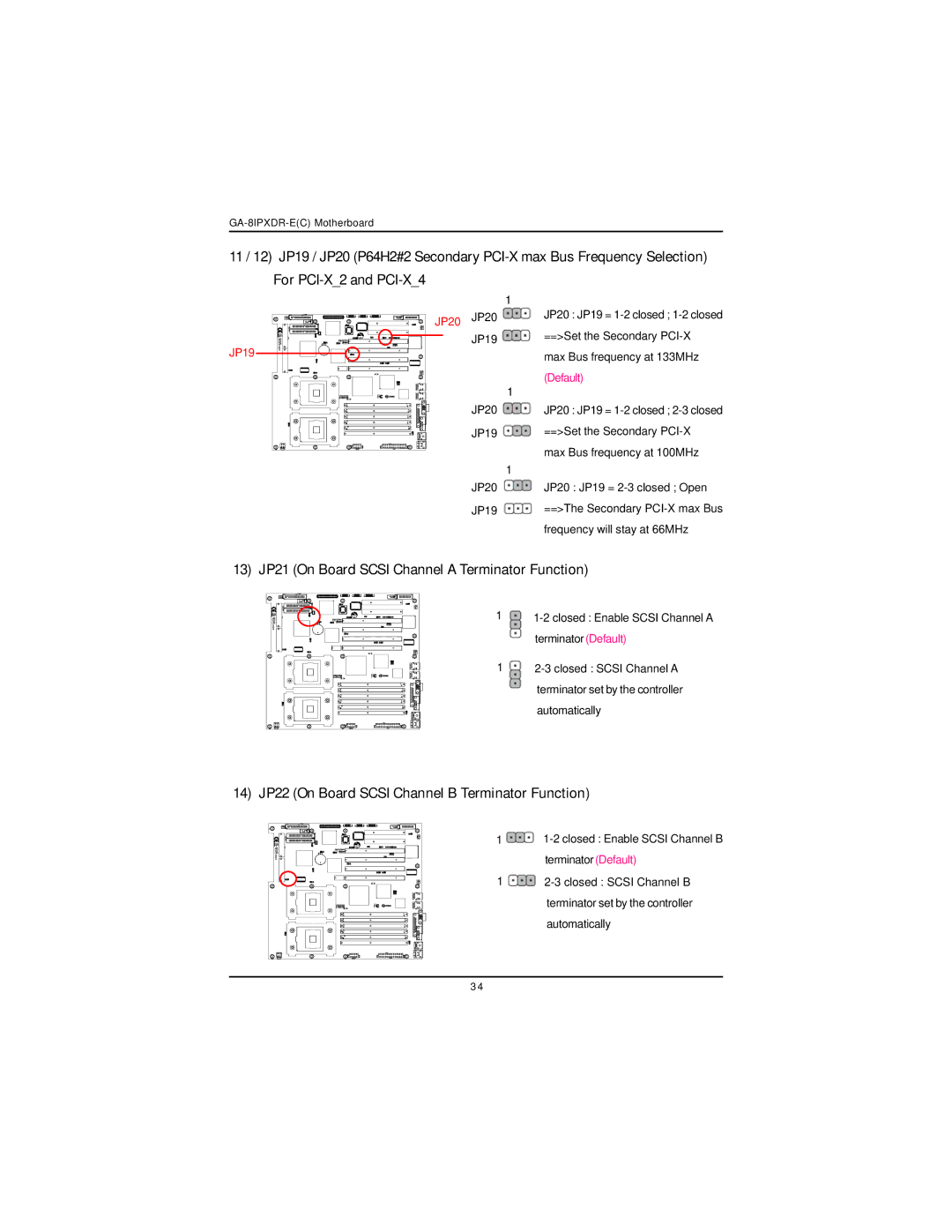 Intel GA-8IPXDR-E 13 JP21 On Board Scsi Channel a Terminator Function, 14 JP22 On Board Scsi Channel B Terminator Function 