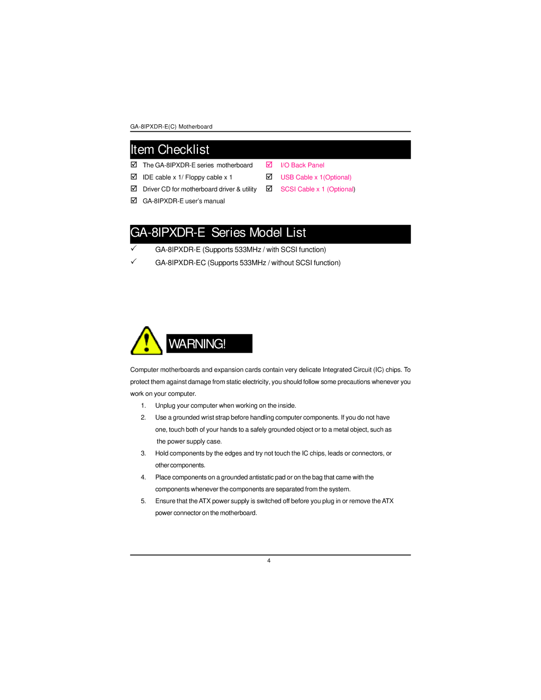 Intel GA-8IPXDR-E user manual Item Checklist 