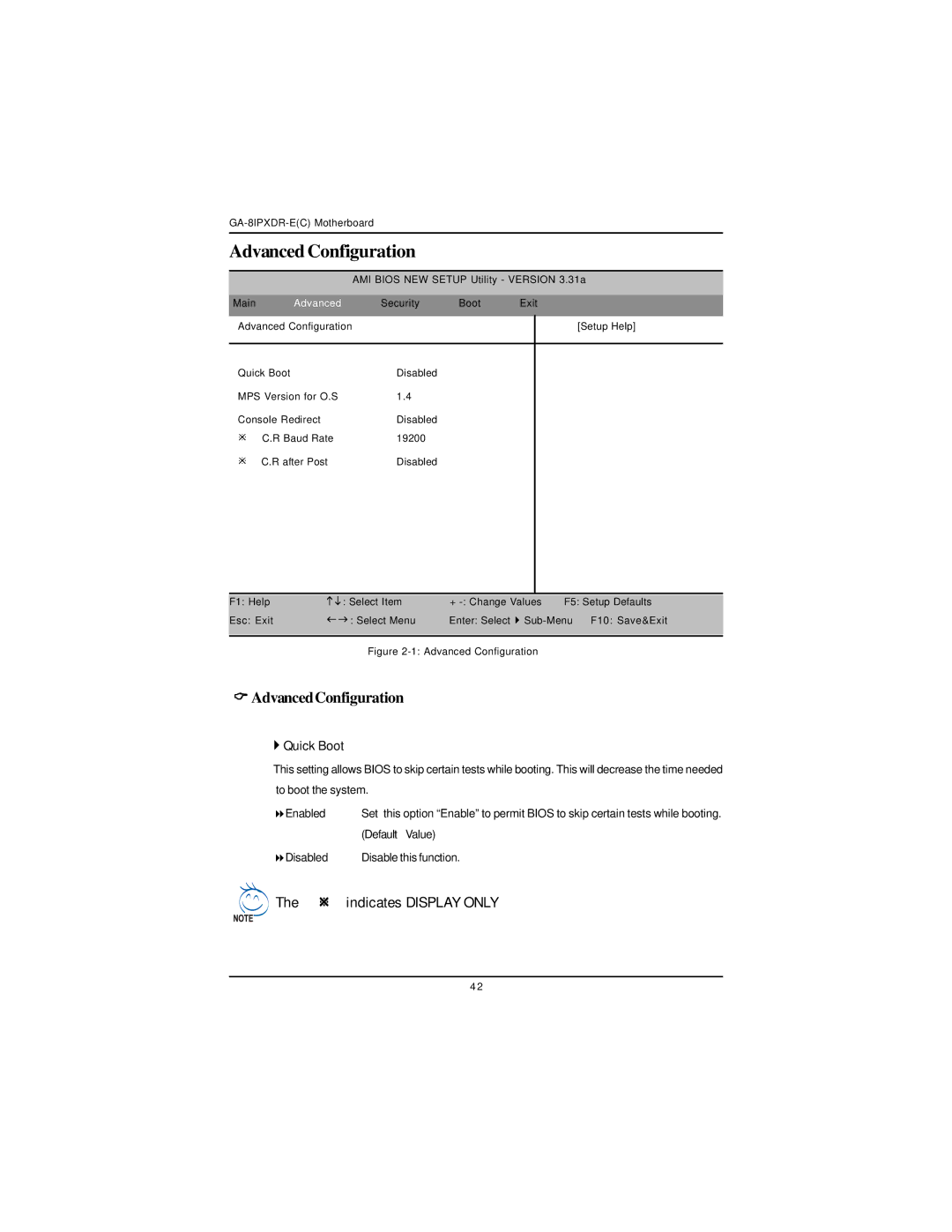 Intel GA-8IPXDR-E user manual AdvancedConfiguration, Indicates Display only, ` Quick Boot 