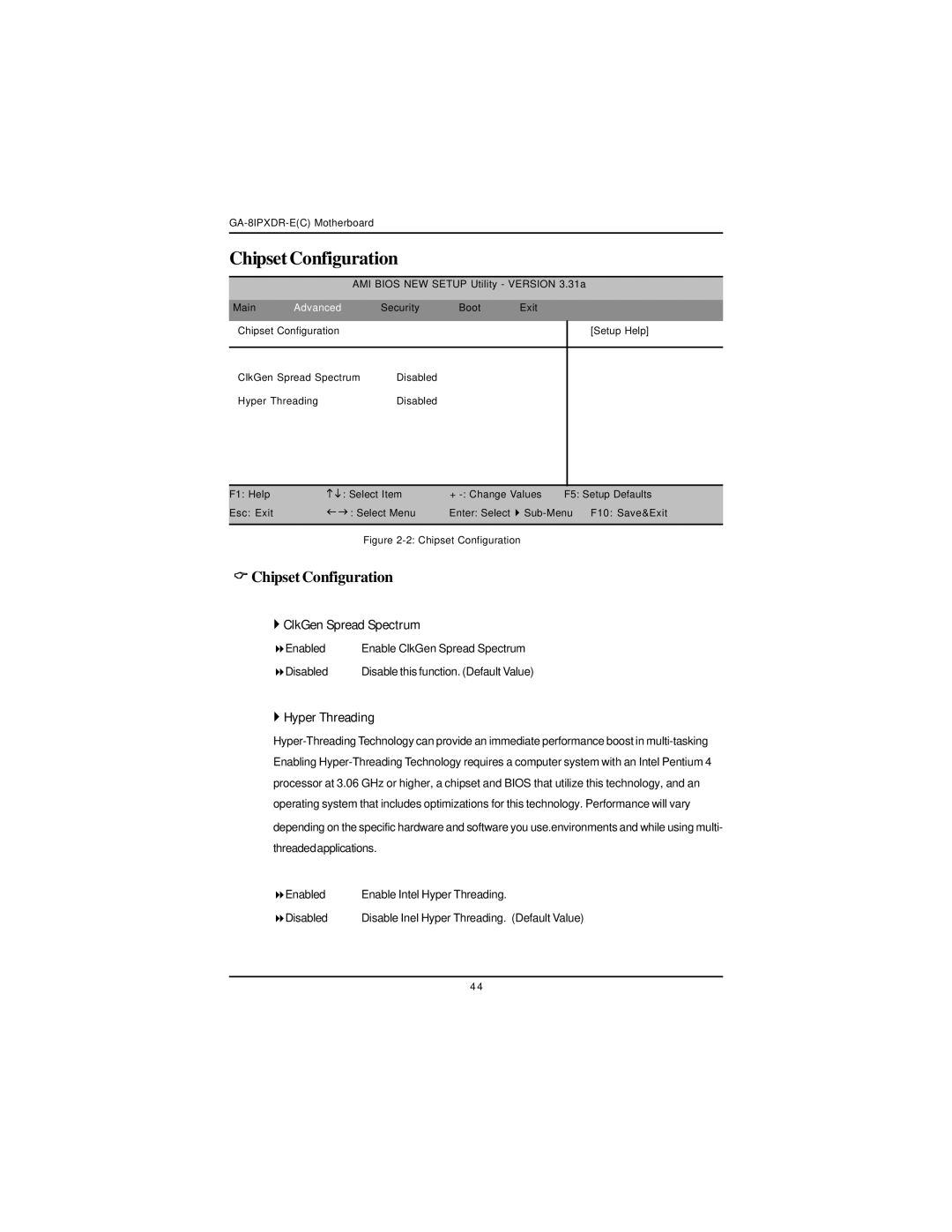 Intel GA-8IPXDR-E user manual Chipset Configuration, ` ClkGen Spread Spectrum, ` Hyper Threading 