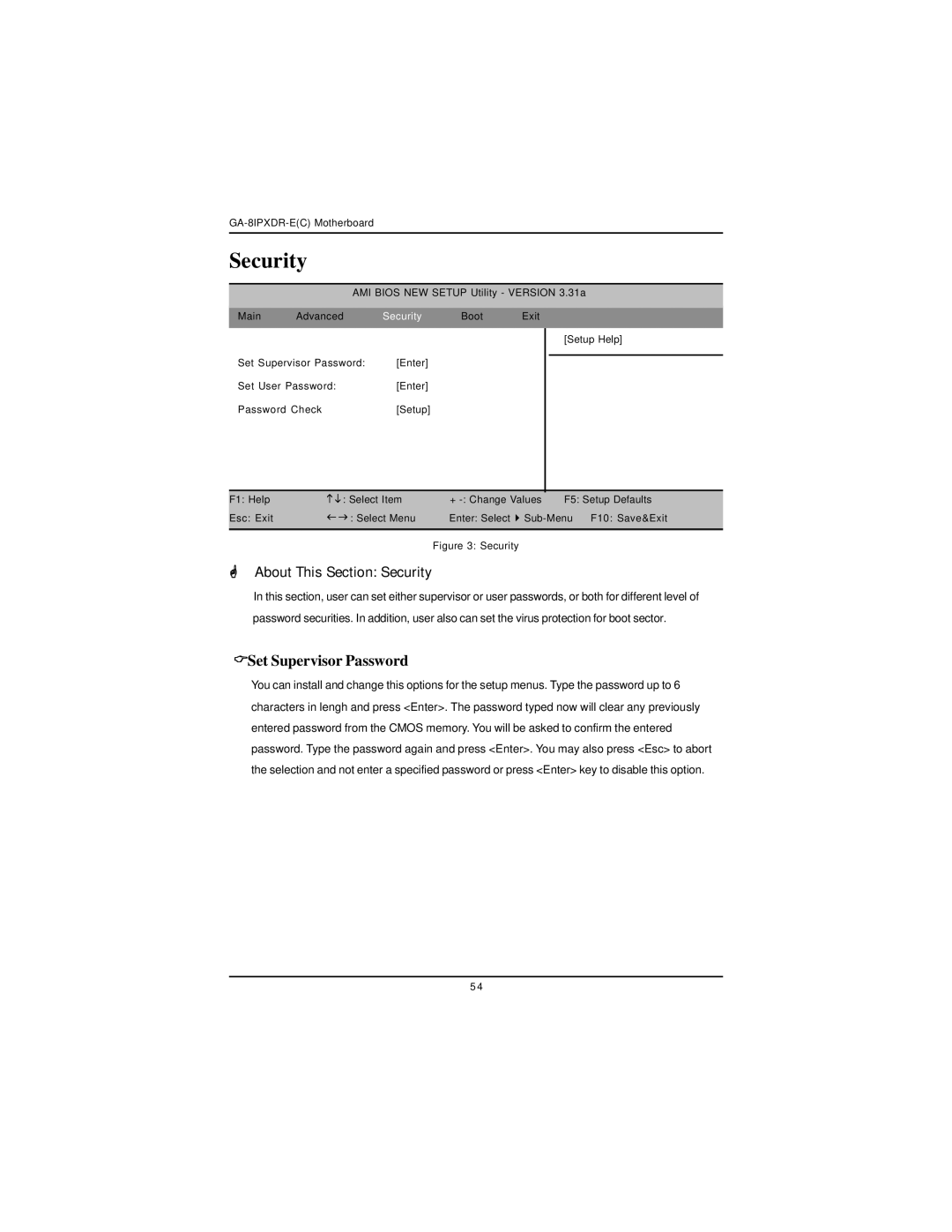 Intel GA-8IPXDR-E user manual About This Section Security, Set Supervisor Password 