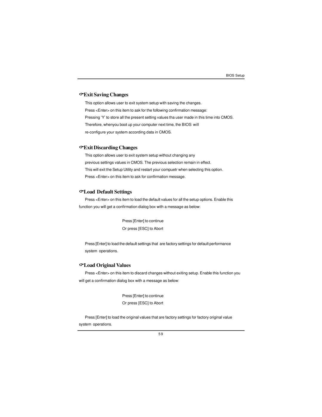 Intel GA-8IPXDR-E user manual Exit Saving Changes, Exit Discarding Changes, Load Default Settings, Load Original Values 