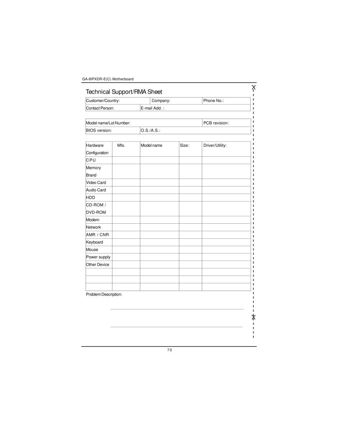 Intel GA-8IPXDR-E user manual Technical Support/RMA Sheet 