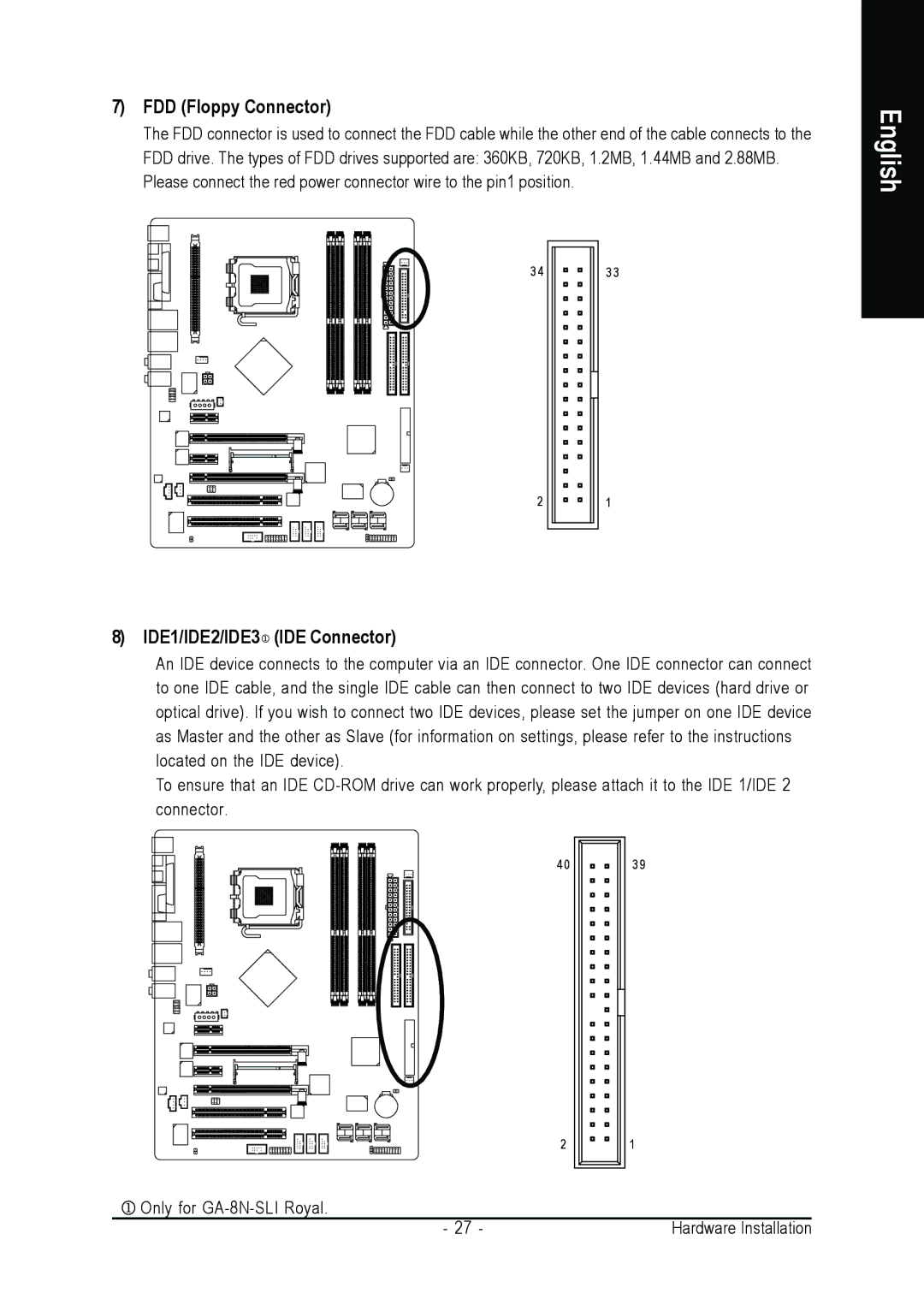 Intel GA-8N-SLI ROYAL, GA-8N-SLI PRO user manual FDD Floppy Connector, IDE1/IDE2/IDE3 IDE Connector 