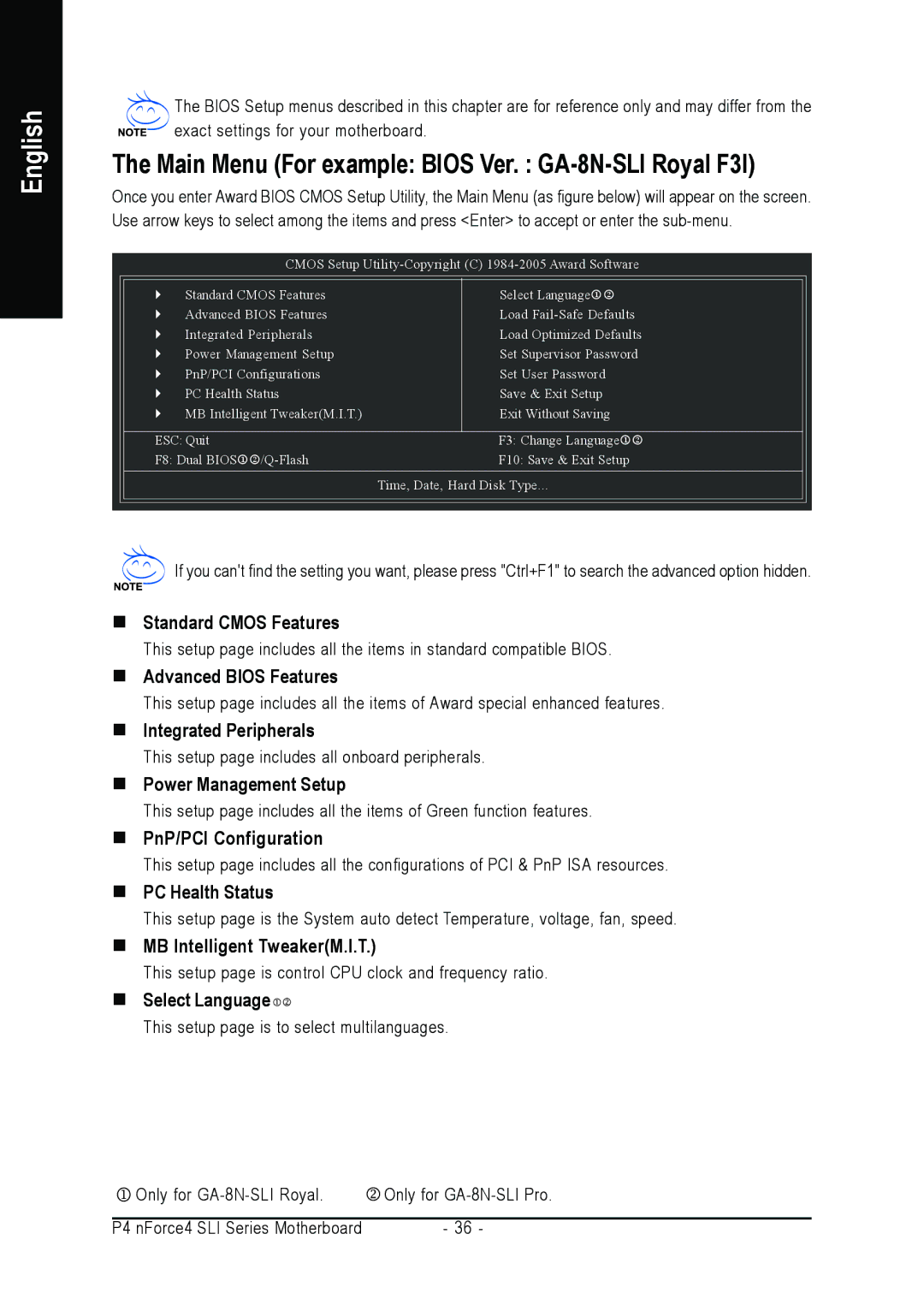 Intel GA-8N-SLI ROYAL, GA-8N-SLI PRO user manual Main Menu For example Bios Ver. GA-8N-SLI Royal F3l 