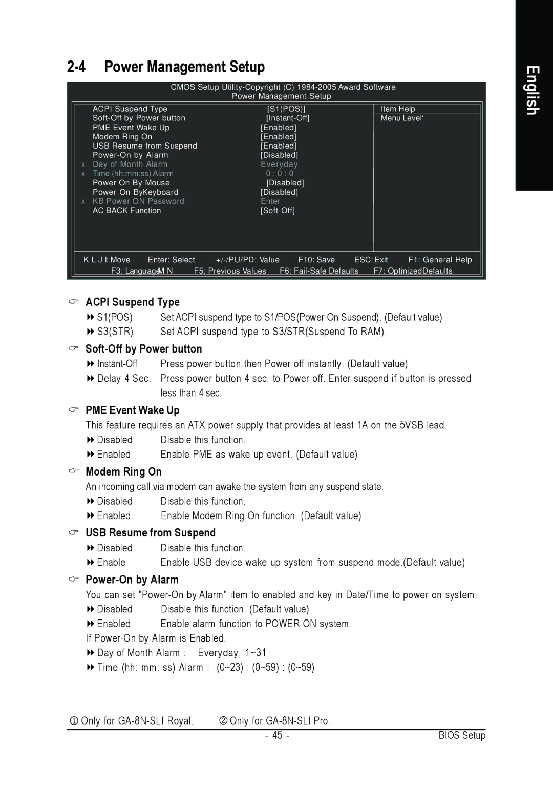 Intel GA-8N-SLI ROYAL Power Management Setup, PME Event Wake Up, Modem Ring On, USB Resume from Suspend, Power-On by Alarm 