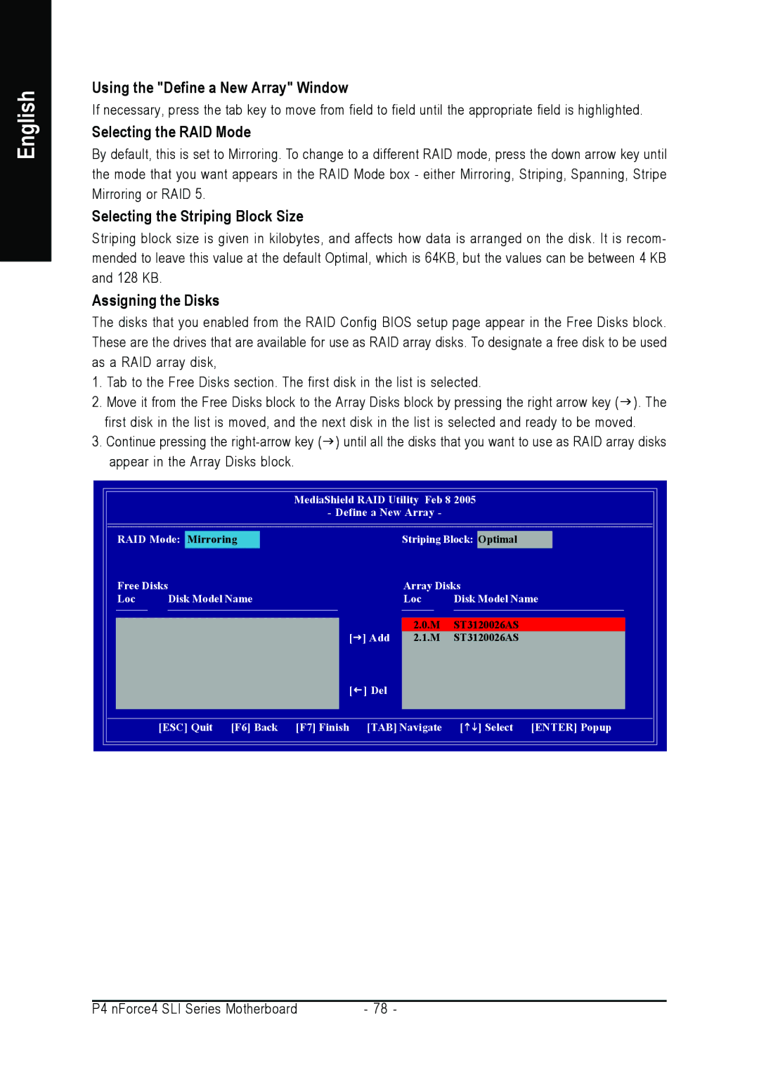 Intel GA-8N-SLI ROYAL Using the Define a New Array Window, Selecting the RAID Mode, Selecting the Striping Block Size 