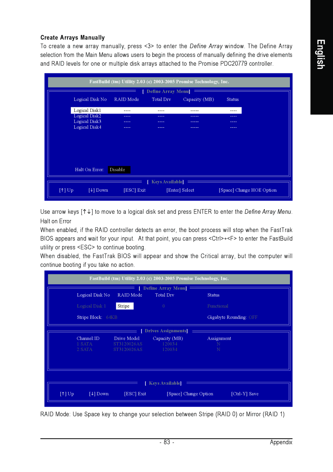 Intel GA-8N-SLI PRO, GA-8N-SLI ROYAL user manual Create Arrays Manually, Define Array Menu 