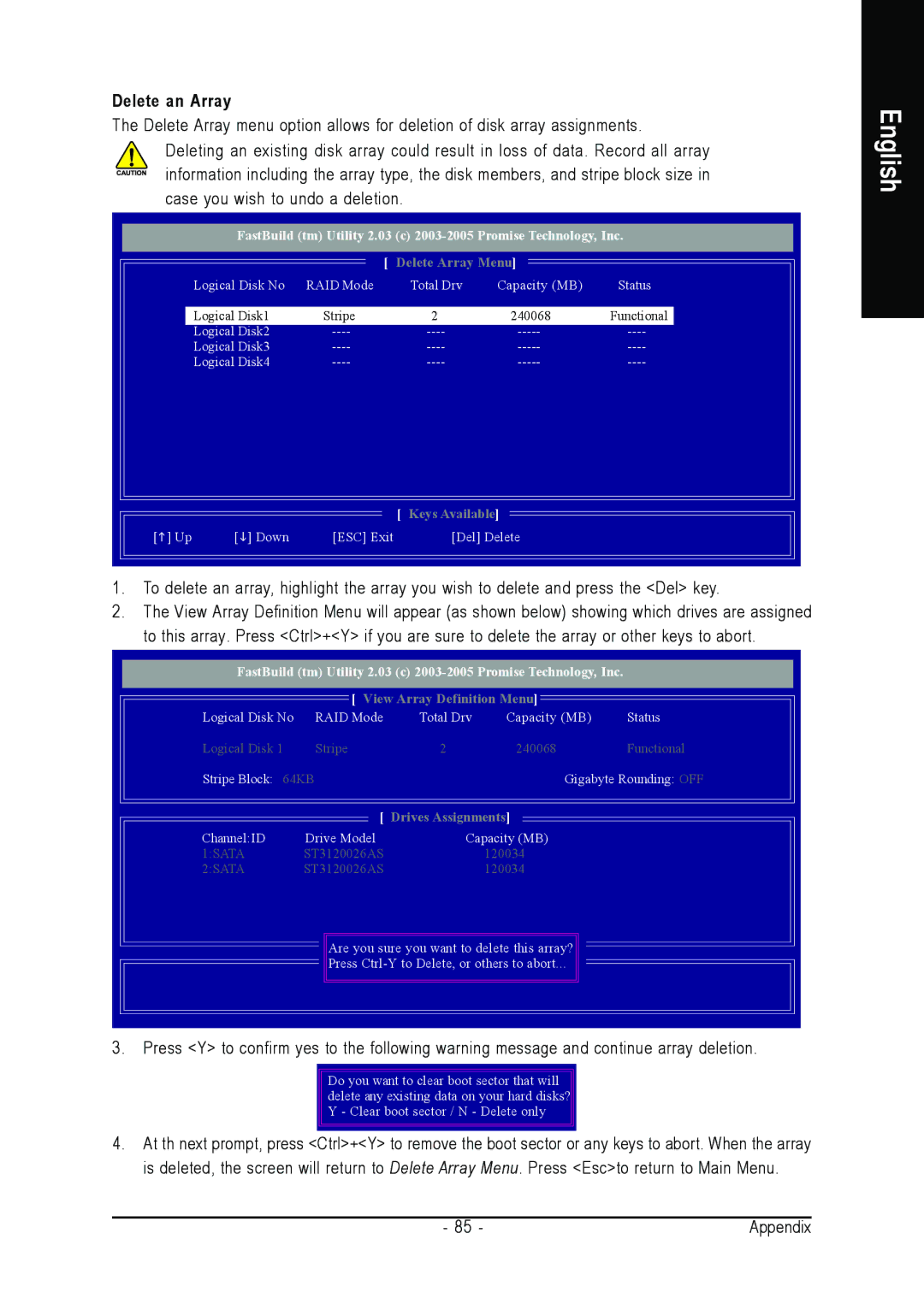 Intel GA-8N-SLI ROYAL, GA-8N-SLI PRO user manual Delete an Array, Delete Array Menu 