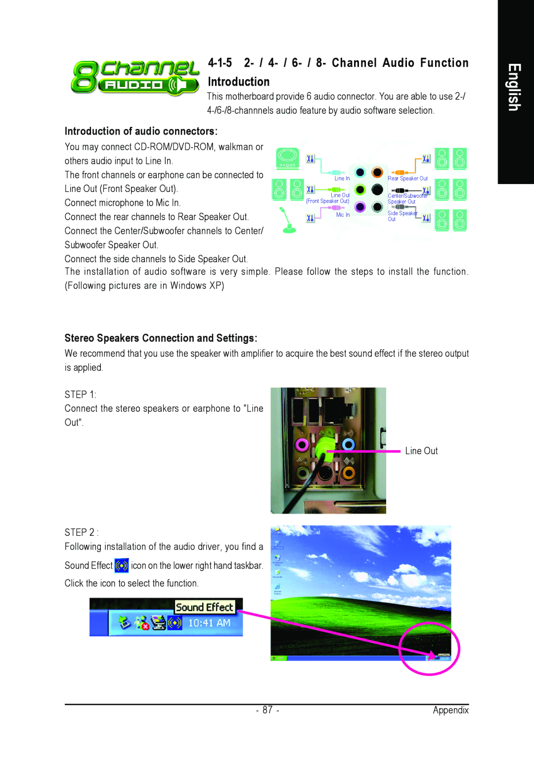 Intel GA-8N-SLI ROYAL 5 2- / 4- / 6- / 8- Channel Audio Function Introduction, Introduction of audio connectors, Step 