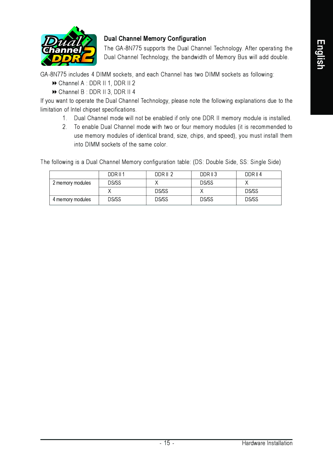 Intel GA-8N775 user manual Dual Channel Memory Configuration 