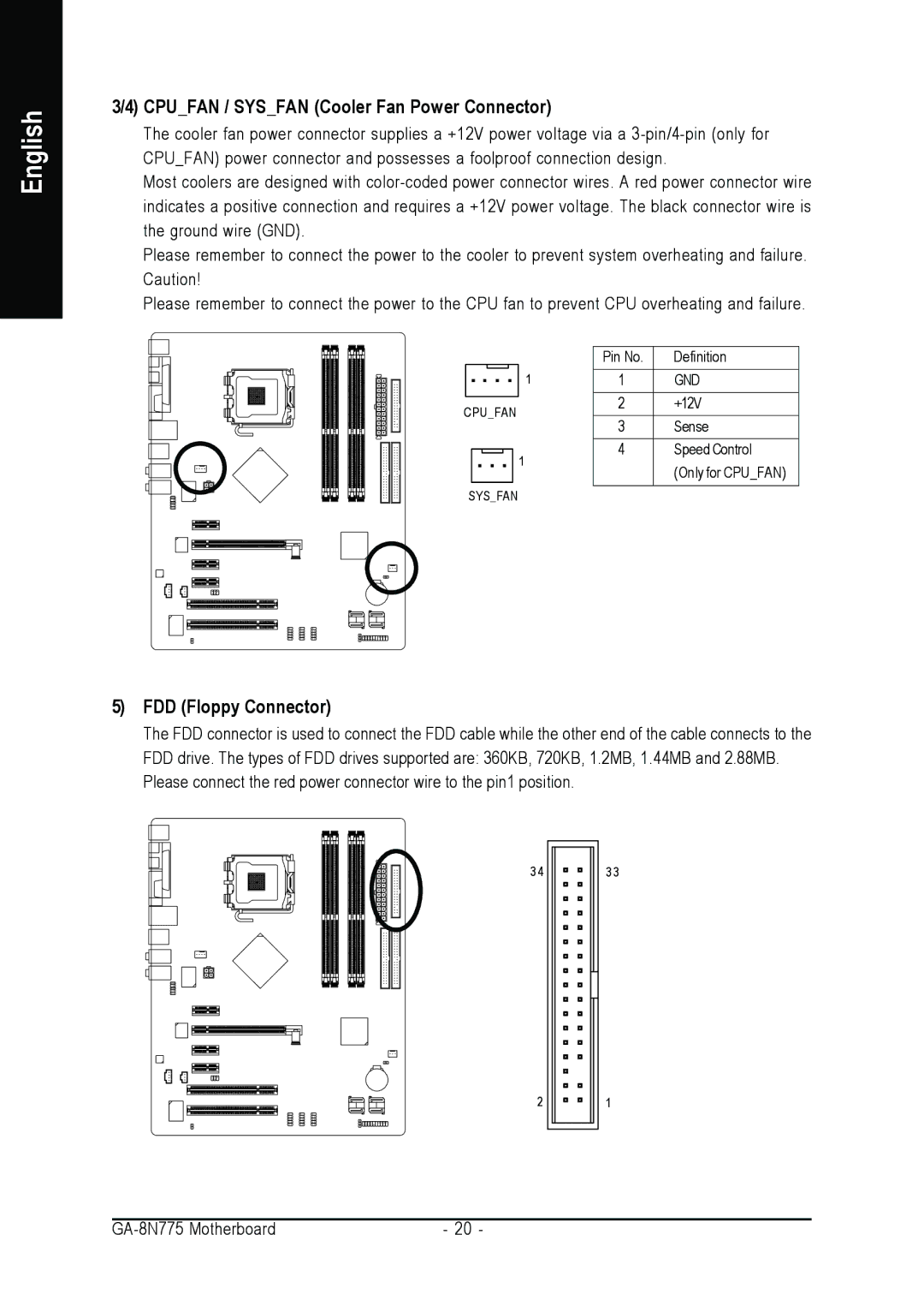 Intel GA-8N775 user manual Cpufan / Sysfan Cooler Fan Power Connector, FDD Floppy Connector 