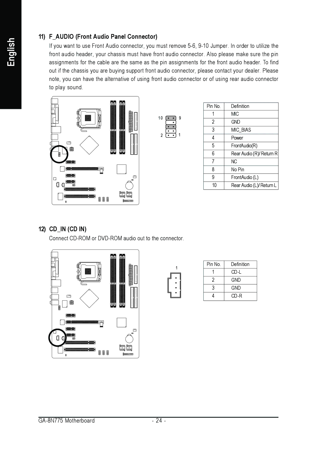 Intel GA-8N775 user manual Faudio Front Audio Panel Connector, Cdin CD 