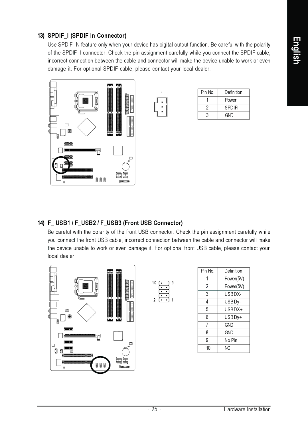 Intel GA-8N775 user manual Spdifi Spdif In Connector, USB1 / FUSB2 / FUSB3 Front USB Connector 