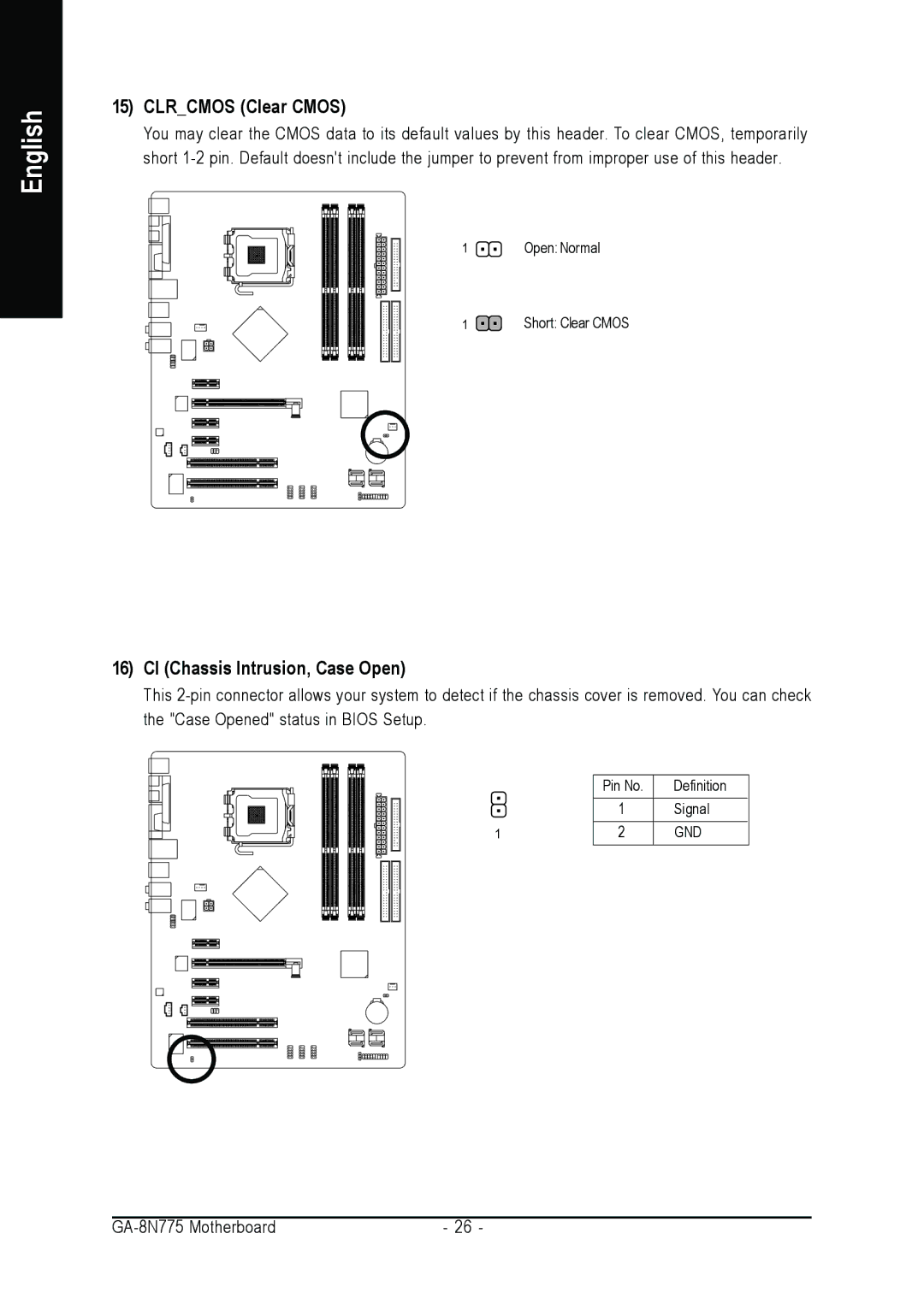Intel GA-8N775 user manual Clrcmos Clear Cmos, CI Chassis Intrusion, Case Open 
