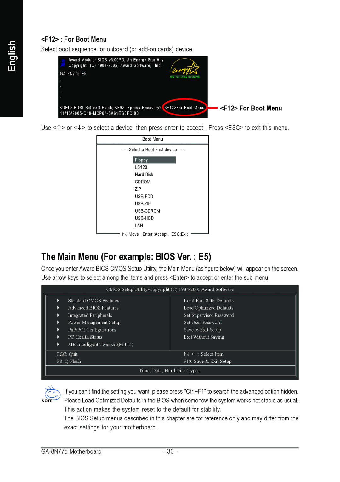 Intel GA-8N775 user manual Main Menu For example Bios Ver. E5, F12 For Boot Menu 