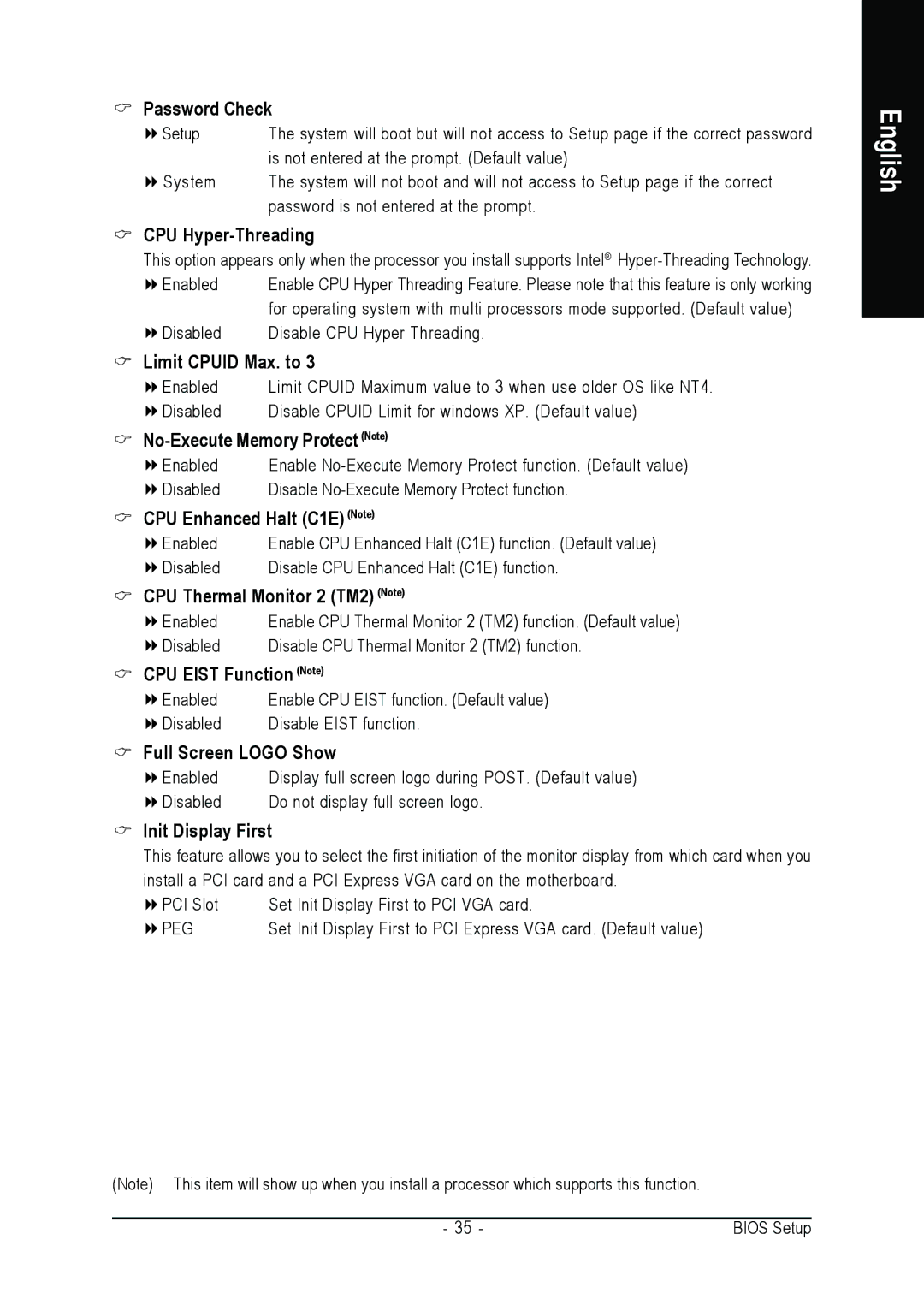 Intel GA-8N775 user manual Password Check, CPU Hyper-Threading, Limit Cpuid Max. to, No-Execute Memory Protect Note 