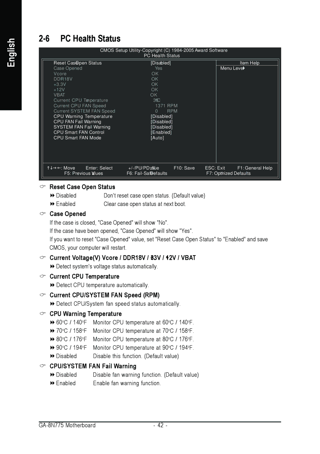 Intel GA-8N775 user manual PC Health Status 