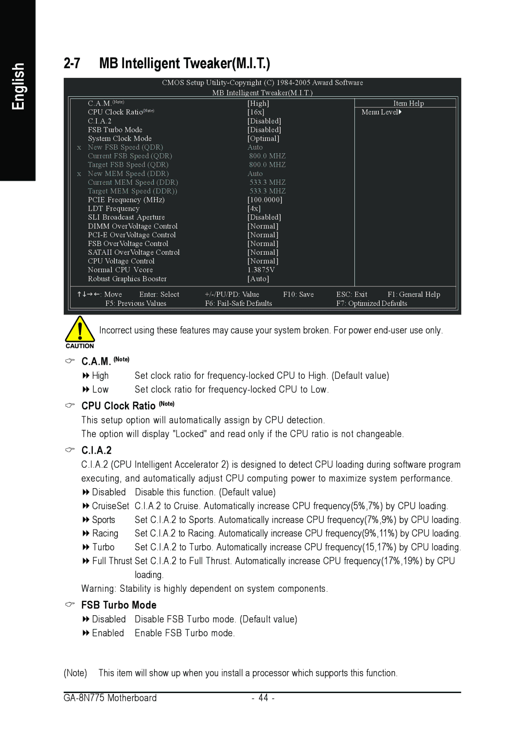 Intel GA-8N775 user manual MB Intelligent TweakerM.I.T, M. Note, CPU Clock Ratio Note, A.2, FSB Turbo Mode 