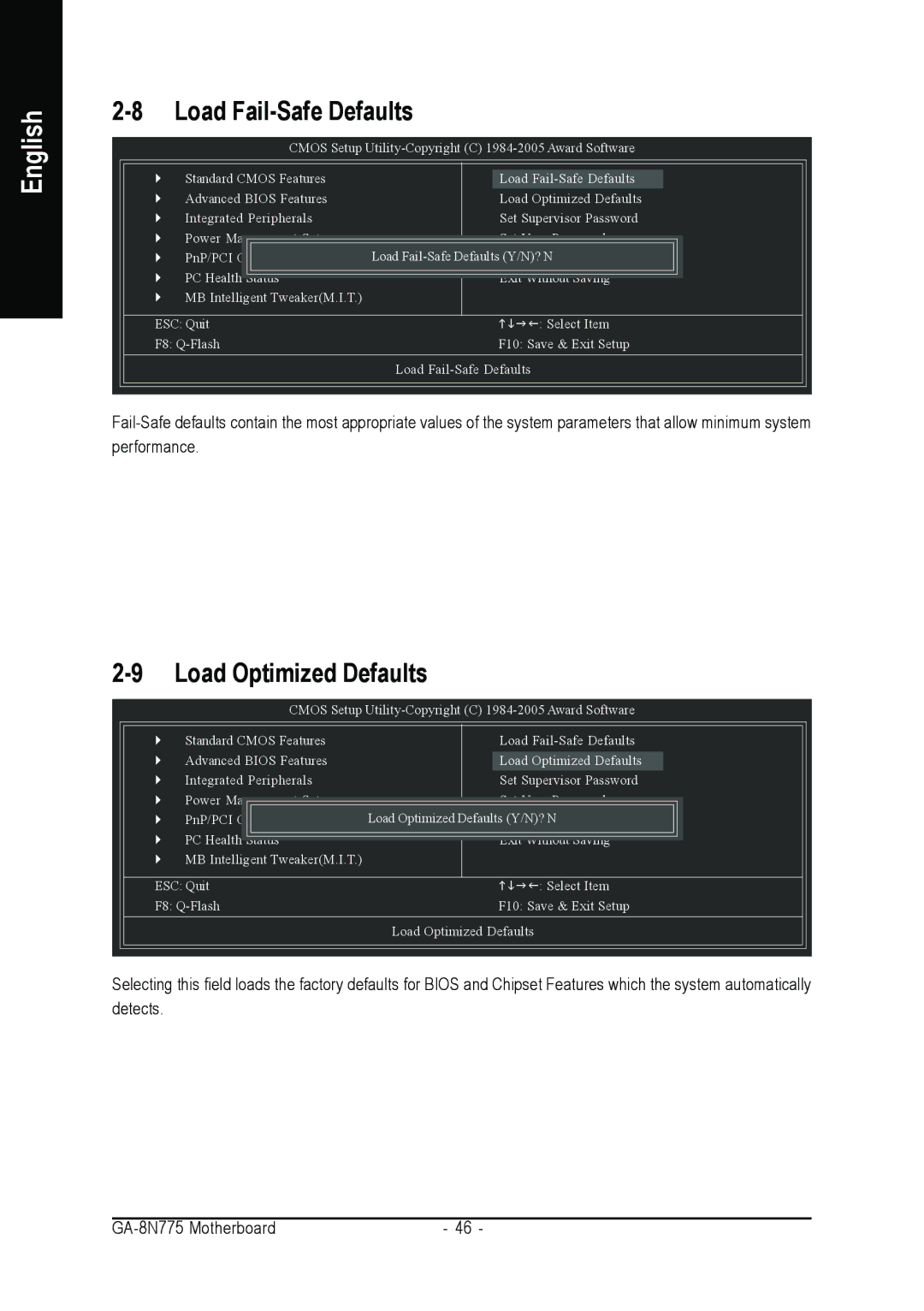 Intel GA-8N775 user manual Load Fail-Safe Defaults, Load Optimized Defaults 