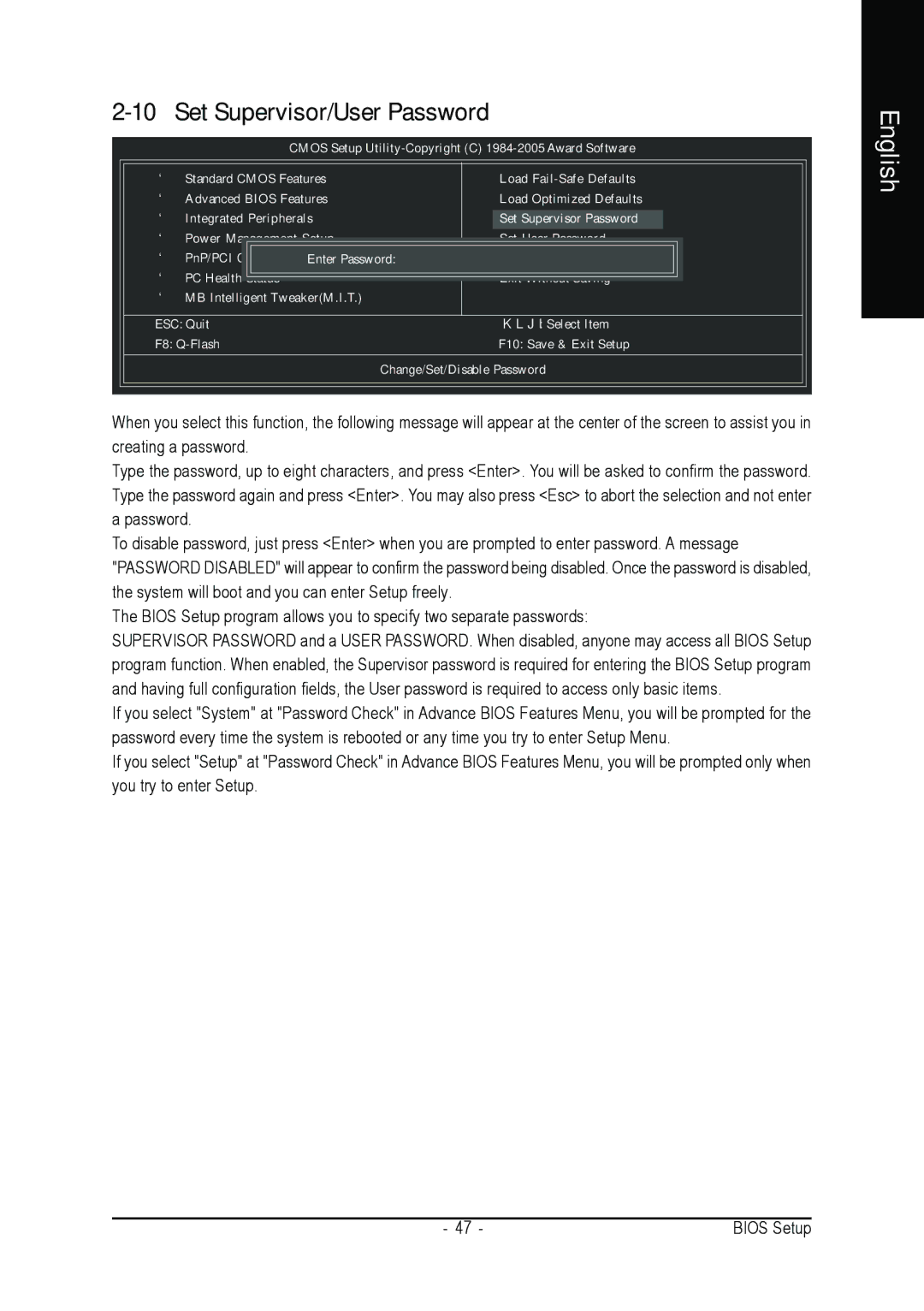 Intel GA-8N775 user manual Set Supervisor/User Password 