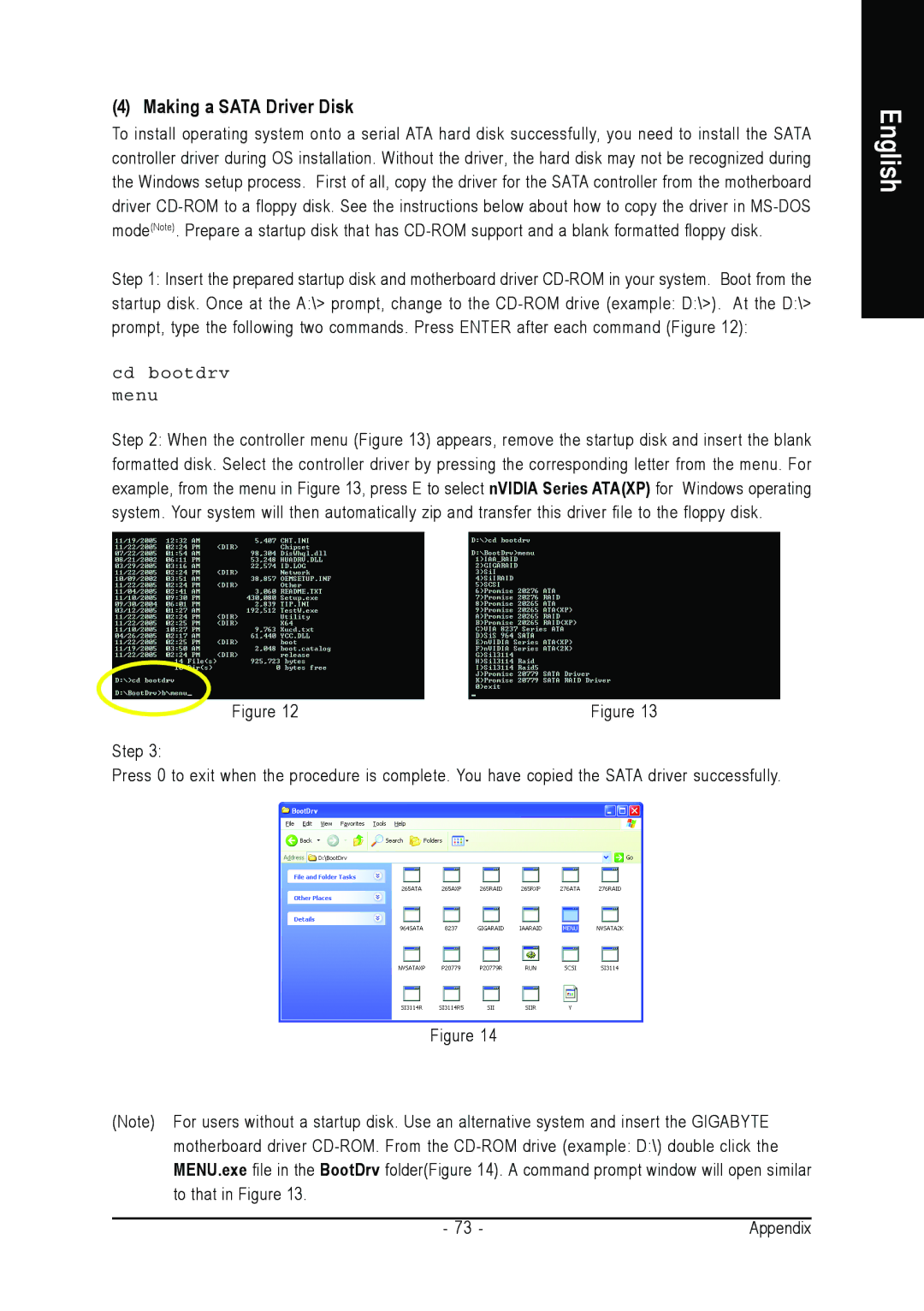 Intel GA-8N775 user manual Making a Sata Driver Disk, Cd bootdrv Menu 