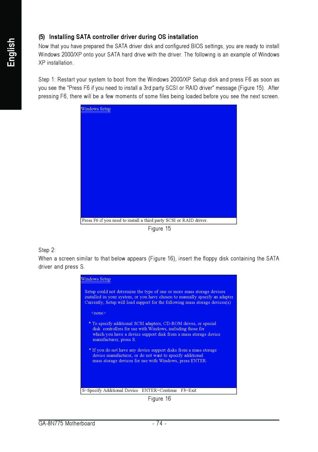 Intel GA-8N775 user manual Installing Sata controller driver during OS installation 