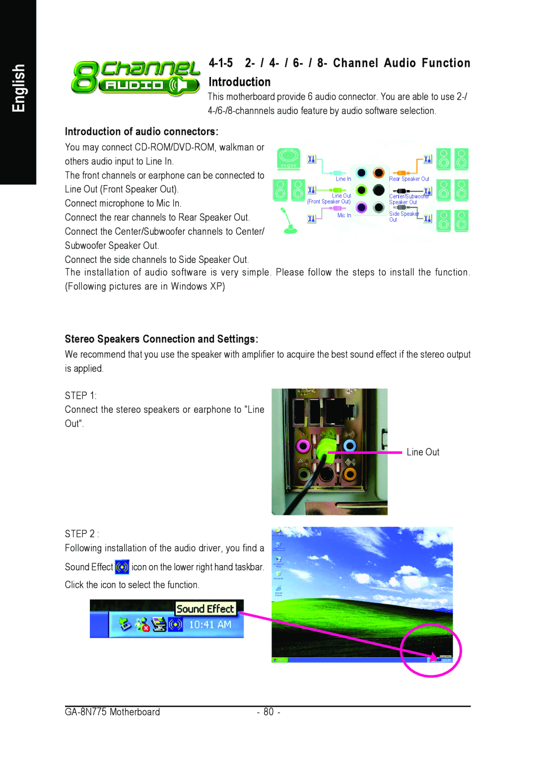 Intel GA-8N775 user manual 5 2- / 4- / 6- / 8- Channel Audio Function Introduction, Introduction of audio connectors 