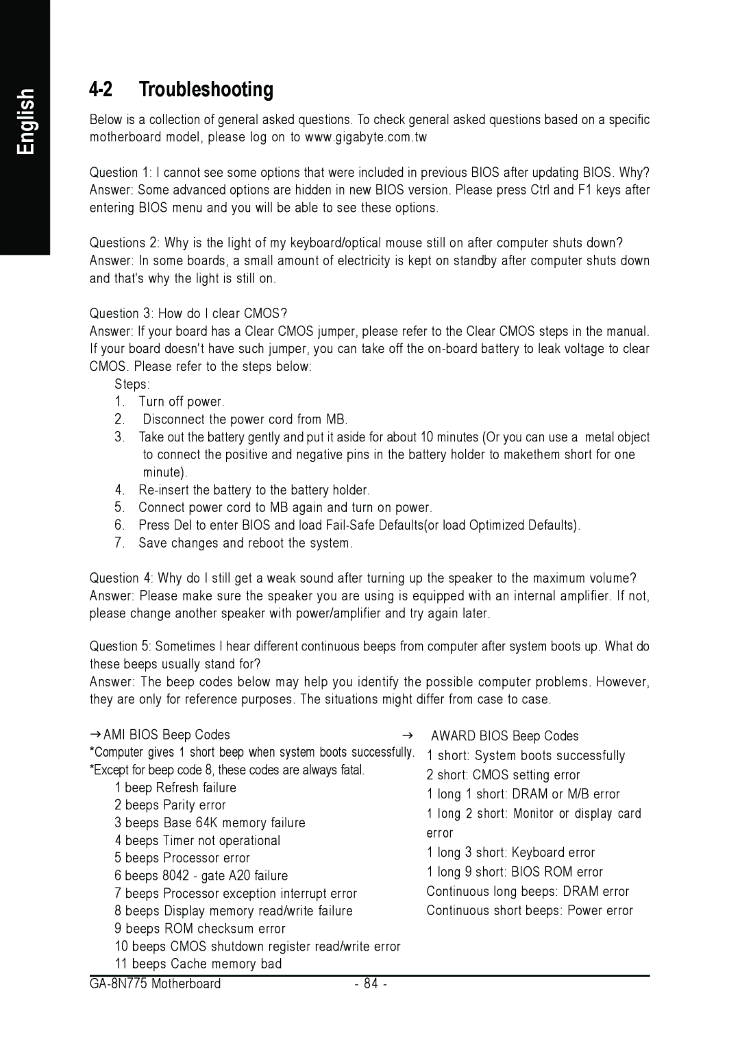 Intel GA-8N775 user manual Troubleshooting 