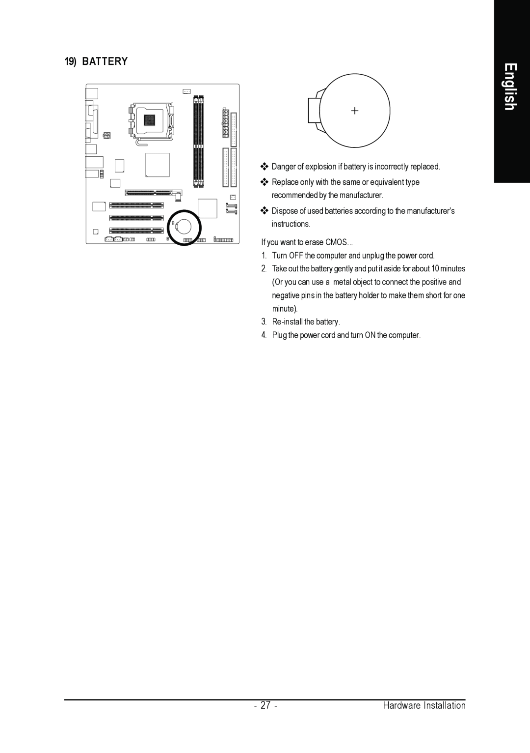 Intel GA-8VM800PMD-775 user manual Battery, English 