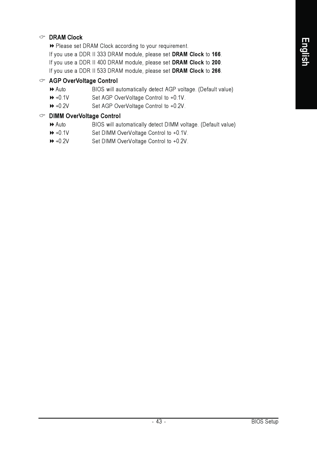 Intel GA-8VM800PMD-775 user manual DRAM Clock, AGP OverVoltage Control, DIMM OverVoltage Control, English 