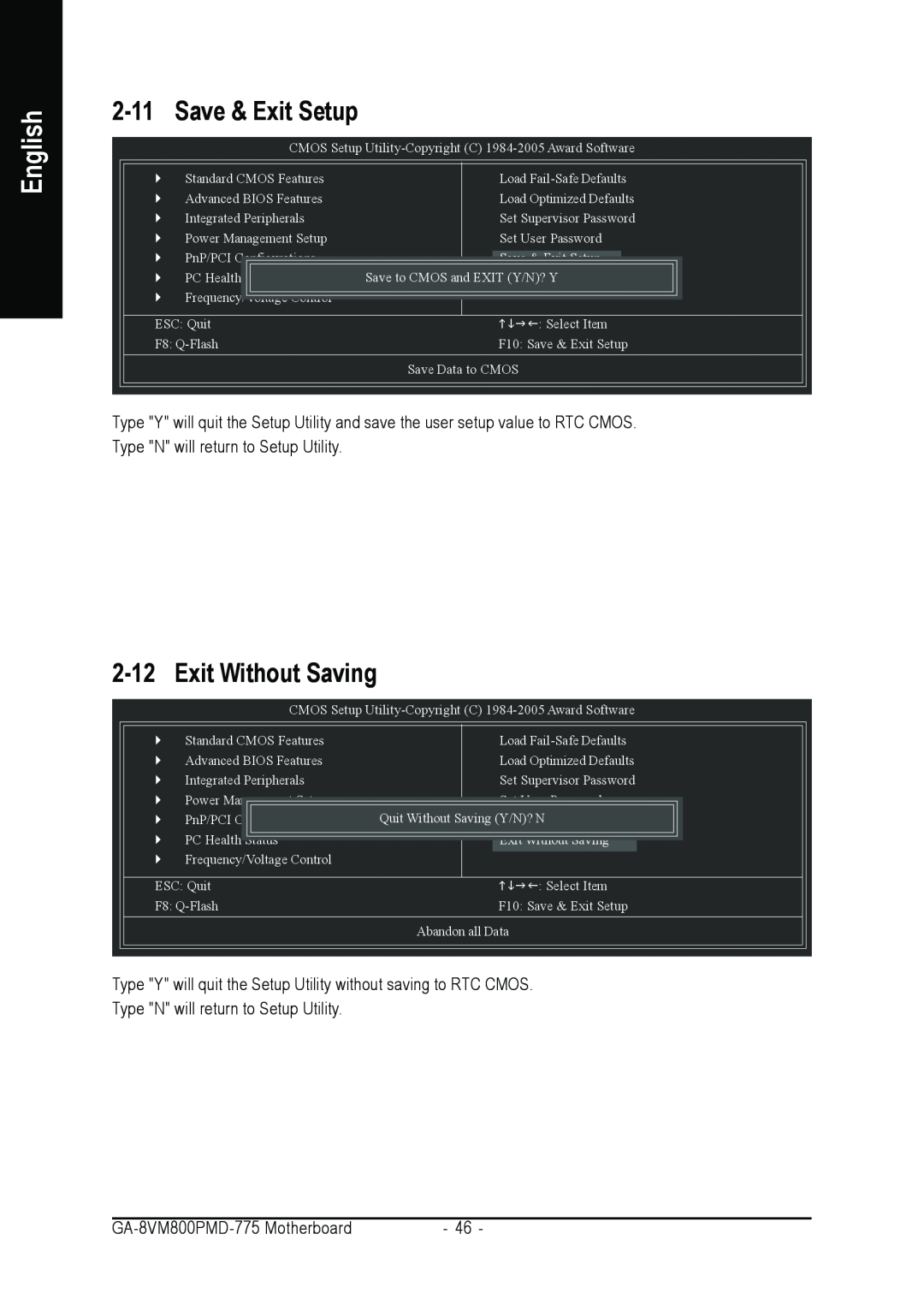 Intel GA-8VM800PMD-775 user manual Save & Exit Setup, Exit Without Saving, English 