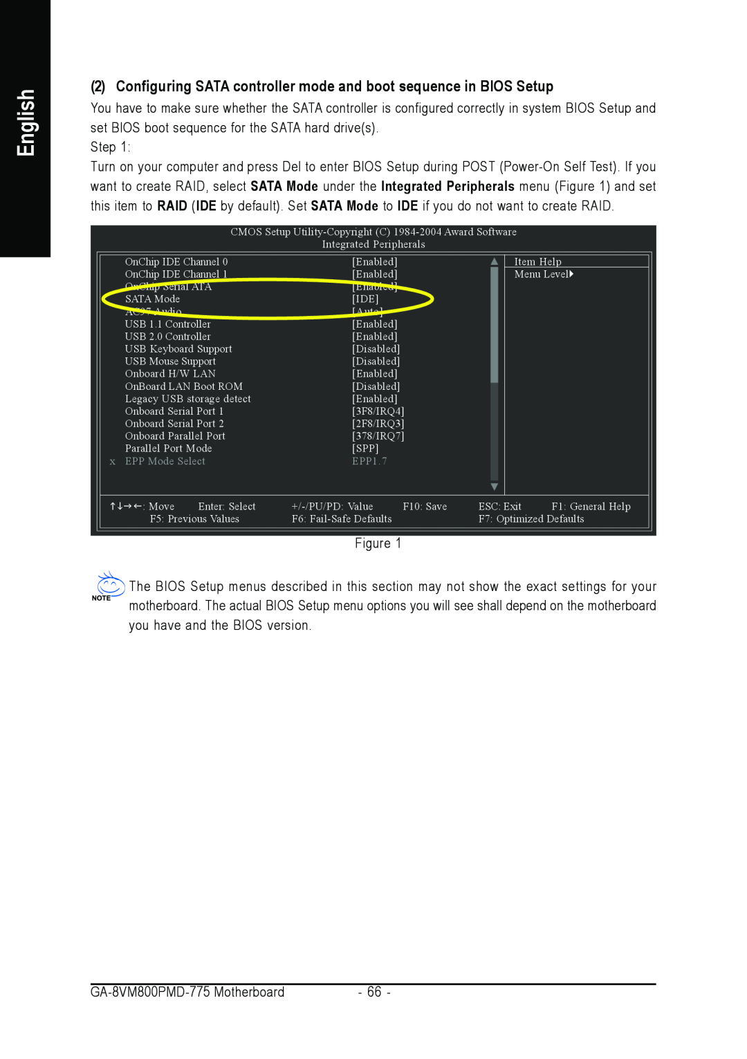 Intel GA-8VM800PMD-775 user manual Configuring SATA controller mode and boot sequence in BIOS Setup, English 
