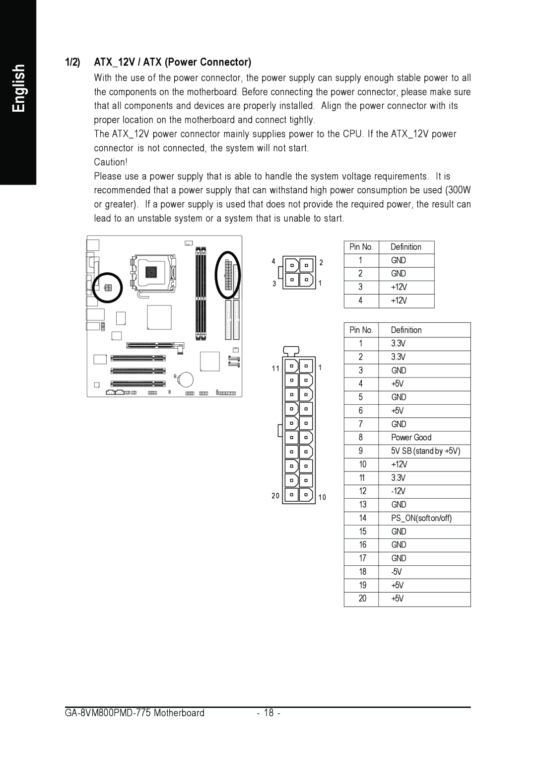 Intel GA-8VM800PMD-775 user manual ATX12V / ATX Power Connector 