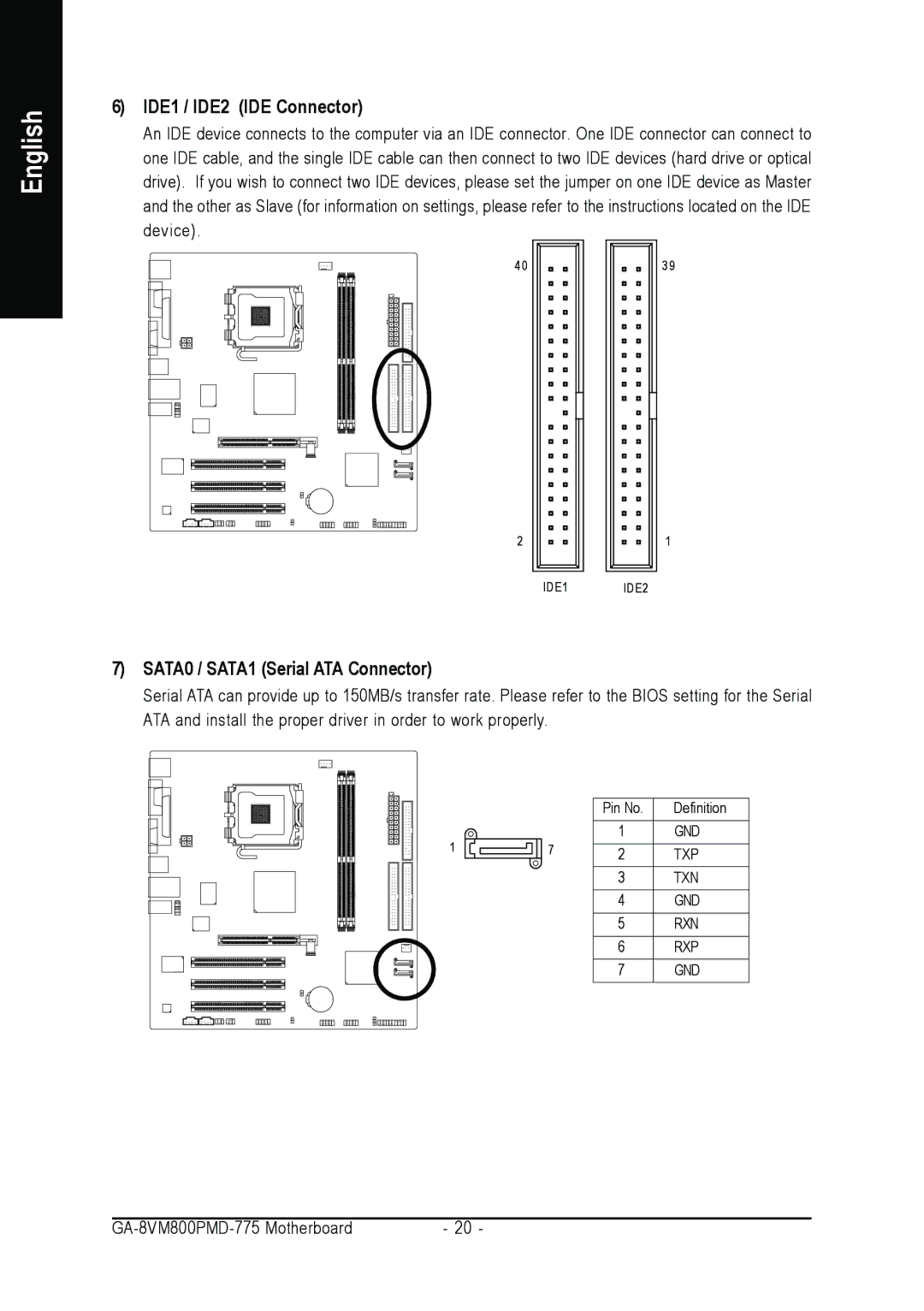 Intel GA-8VM800PMD-775 user manual IDE1 / IDE2 IDE Connector, SATA0 / SATA1 Serial ATA Connector 