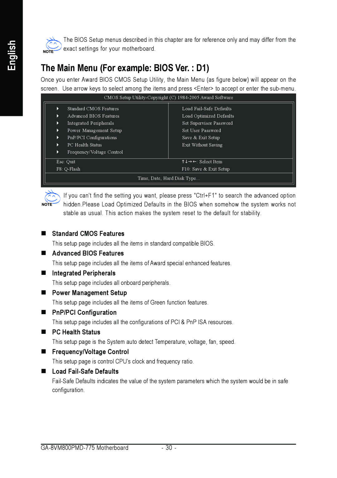 Intel GA-8VM800PMD-775 user manual Main Menu For example Bios Ver. D1 