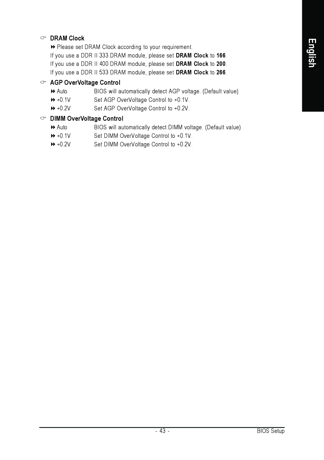 Intel GA-8VM800PMD-775 user manual Dram Clock, AGP OverVoltage Control, Dimm OverVoltage Control 